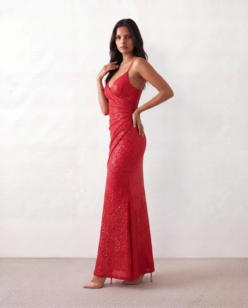 Sequined Maxi Dress Women Formal Wrap V-Neck Side Slit Low Back