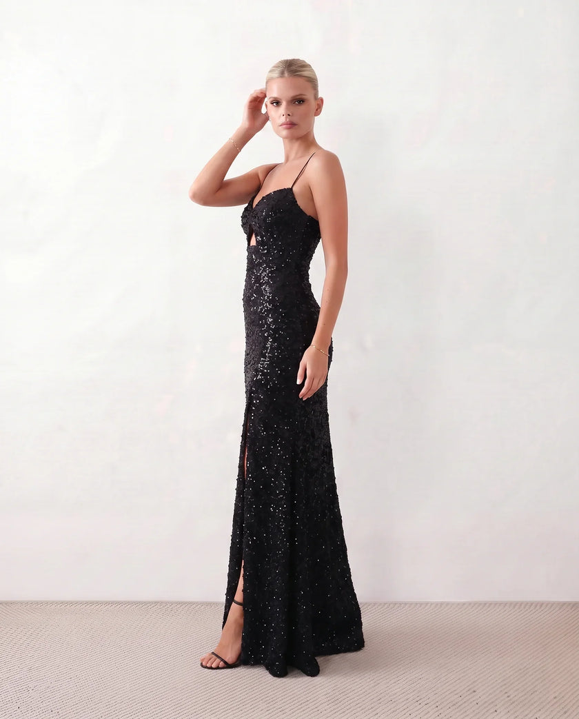 Sequined Maxi Dress Women Formal Sweetheart Side Slit Low Back