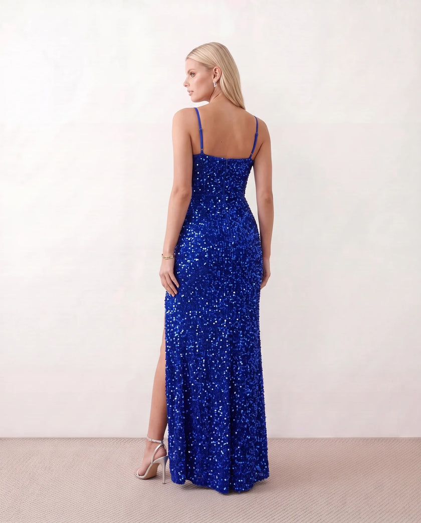 Sequined Maxi Dress Women Formal Sweetheart Side Slit Low Back