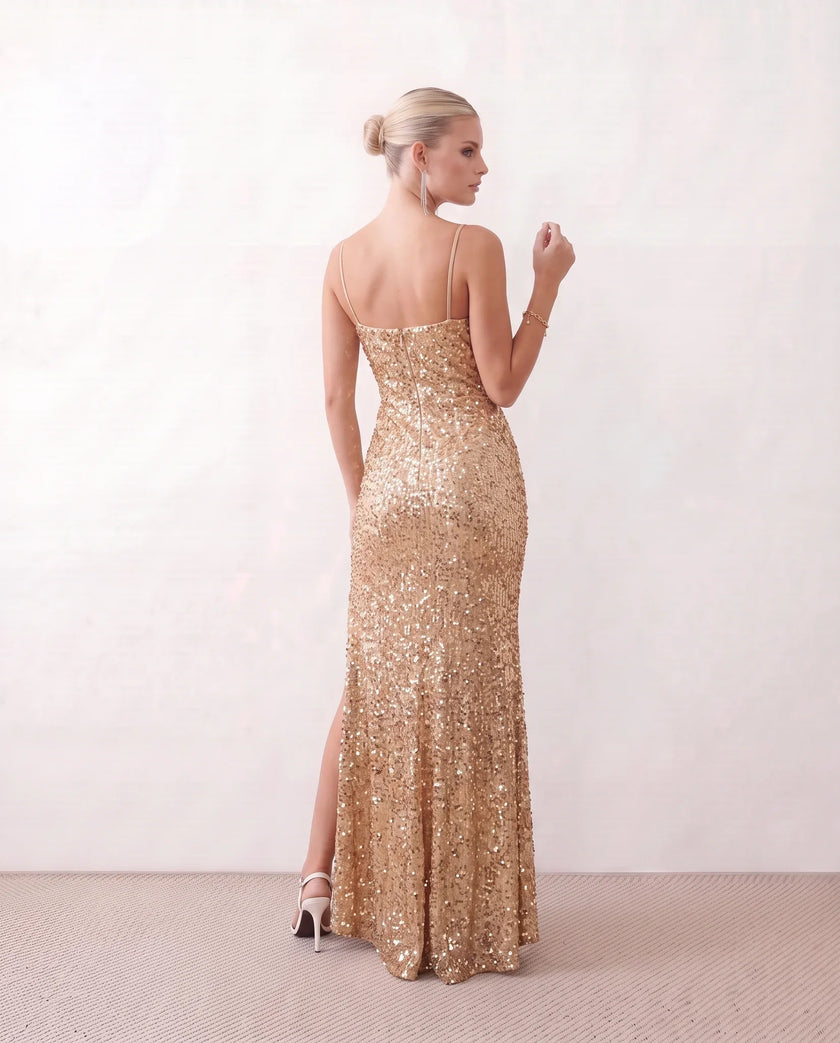 Sequined Maxi Dress Women Formal Sweetheart Side Slit Low Back