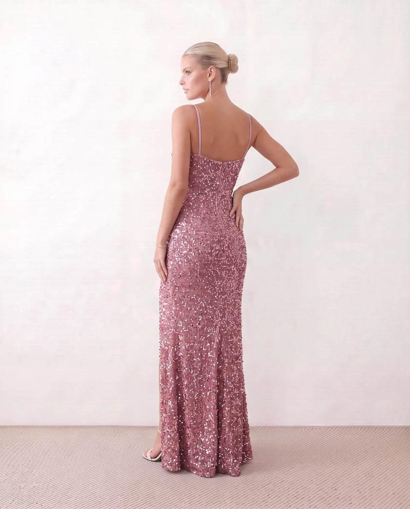 Sequined Maxi Dress Women Formal Sweetheart Side Slit Low Back