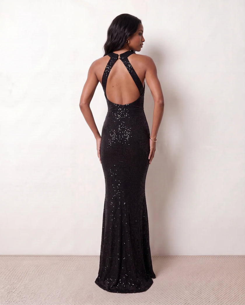 Sequin Maxi Dress Women Halter Open Back Mermaid Formal