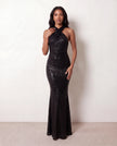 Sequin Maxi Dress Women Halter Open Back Mermaid Formal