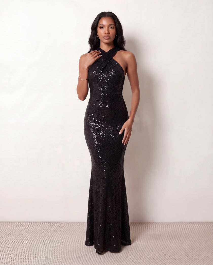 Sequin Maxi Dress Women Halter Open Back Mermaid Formal