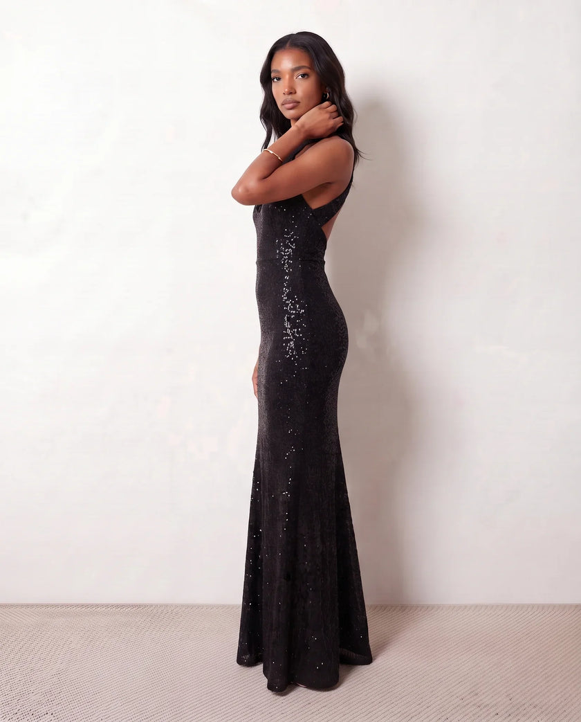 Sequin Maxi Dress Women Halter Open Back Mermaid Formal
