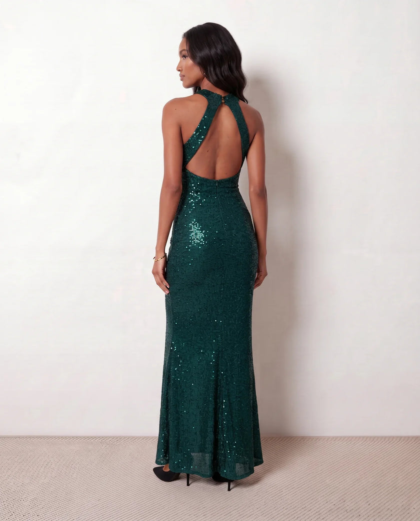 Sequin Maxi Dress Women Halter Open Back Mermaid Formal