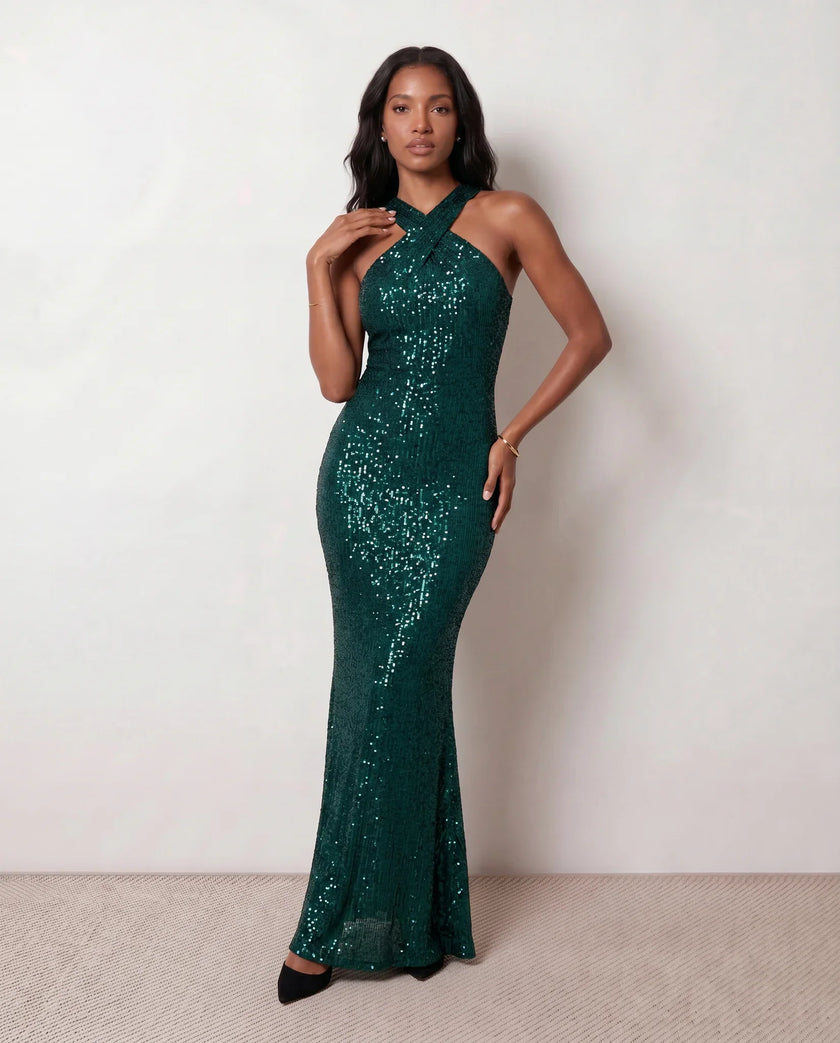 Sequin Maxi Dress Women Halter Open Back Mermaid Formal