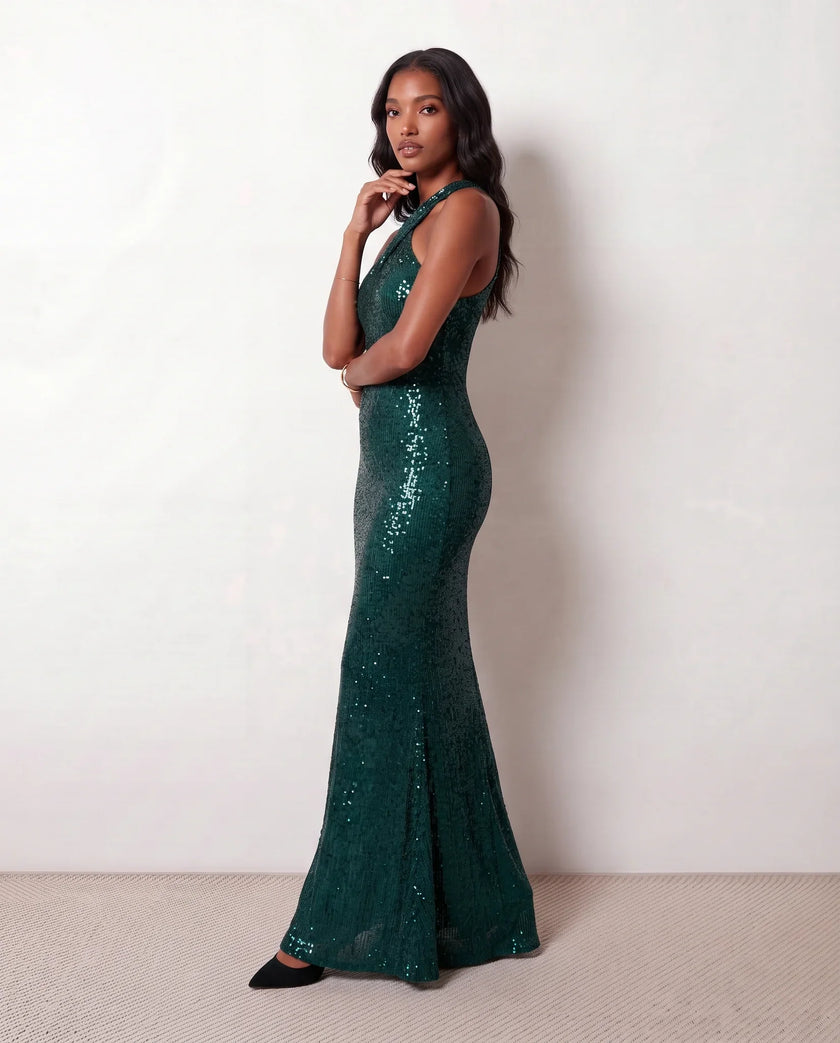 Sequin Maxi Dress Women Halter Open Back Mermaid Formal