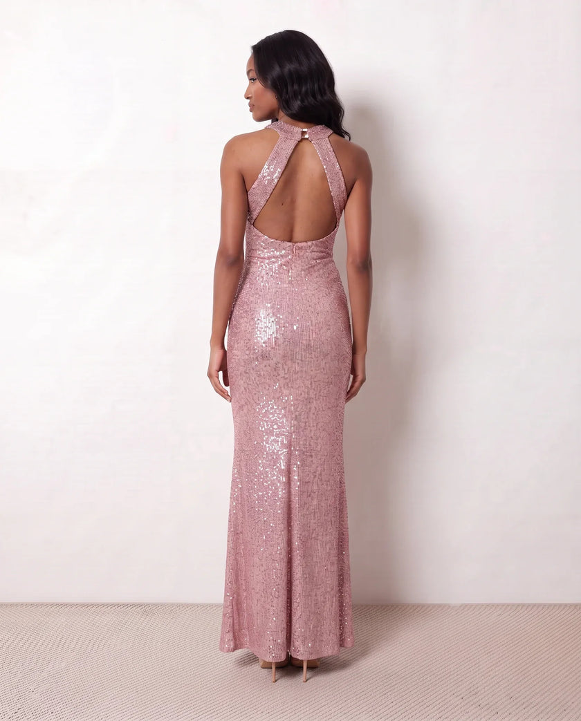 Sequin Maxi Dress Women Halter Open Back Mermaid Formal