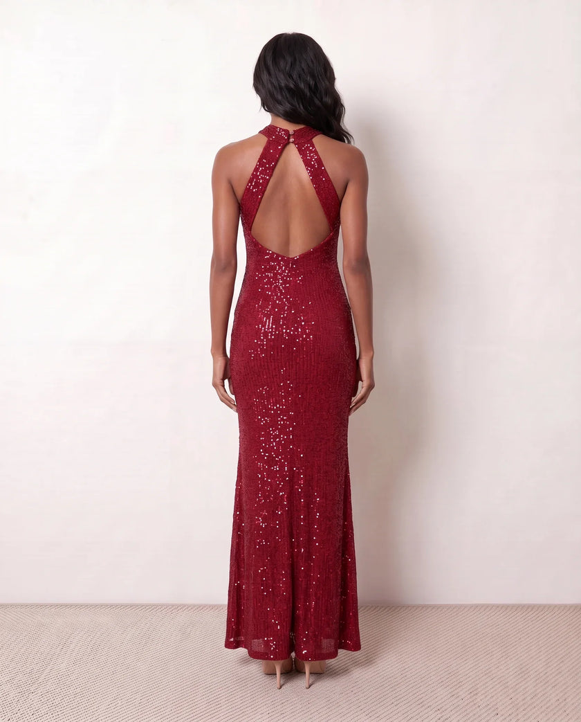 Sequin Maxi Dress Women Halter Open Back Mermaid Formal
