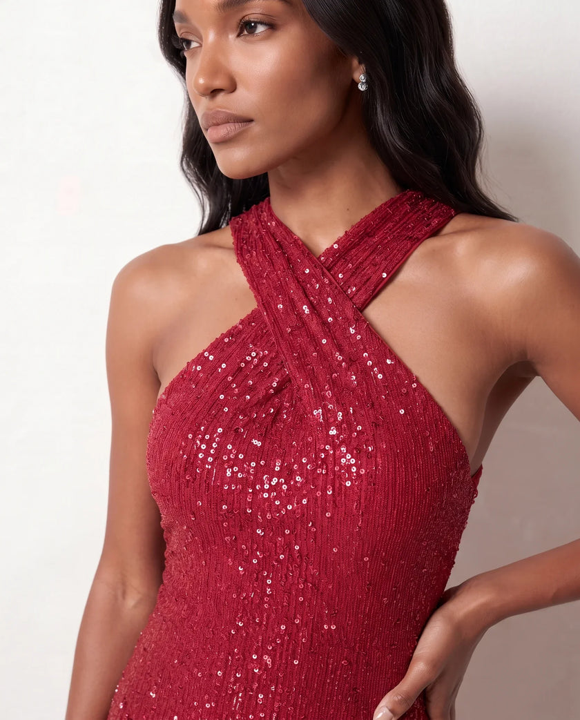Sequin Maxi Dress Women Halter Open Back Mermaid Formal