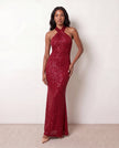Sequin Maxi Dress Women Halter Open Back Mermaid Formal
