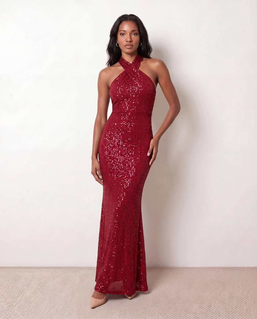Sequin Maxi Dress Women Halter Open Back Mermaid Formal