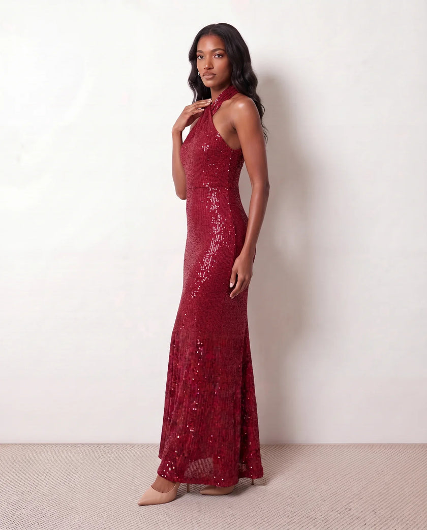 Sequin Maxi Dress Women Halter Open Back Mermaid Formal