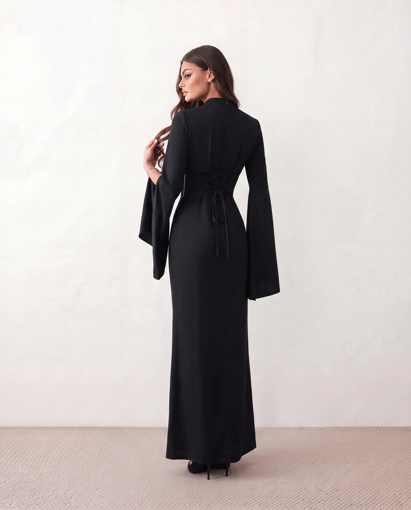 Glossy Maxi Dress Women Formal Corset Lace-Up Back Long Sleeve