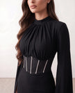 Glossy Maxi Dress Women Formal Corset Lace-Up Back Long Sleeve