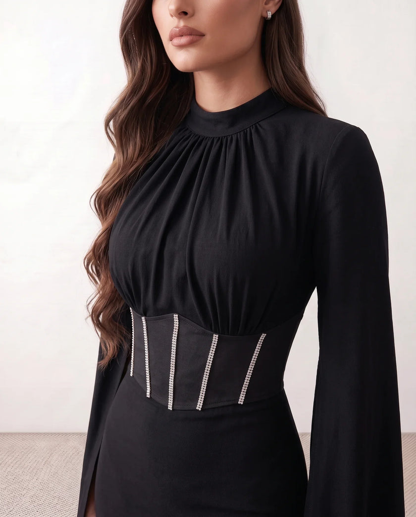 Glossy Maxi Dress Women Formal Corset Lace-Up Back Long Sleeve