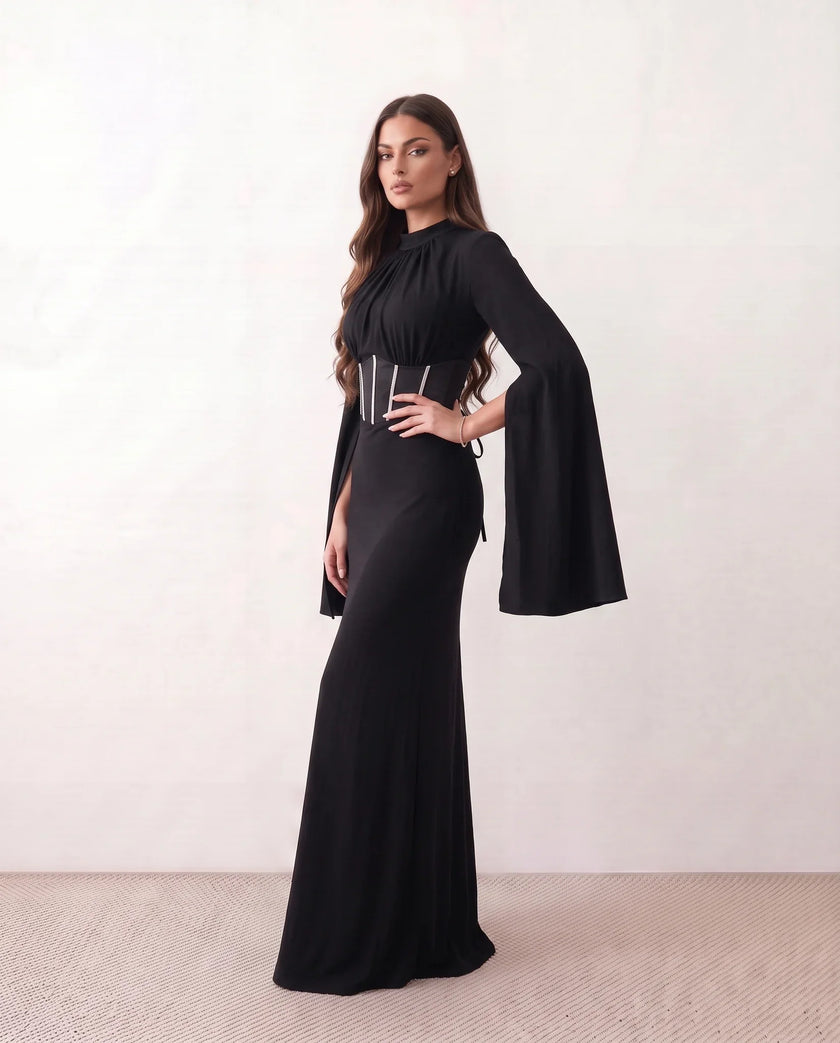 Glossy Maxi Dress Women Formal Corset Lace-Up Back Long Sleeve