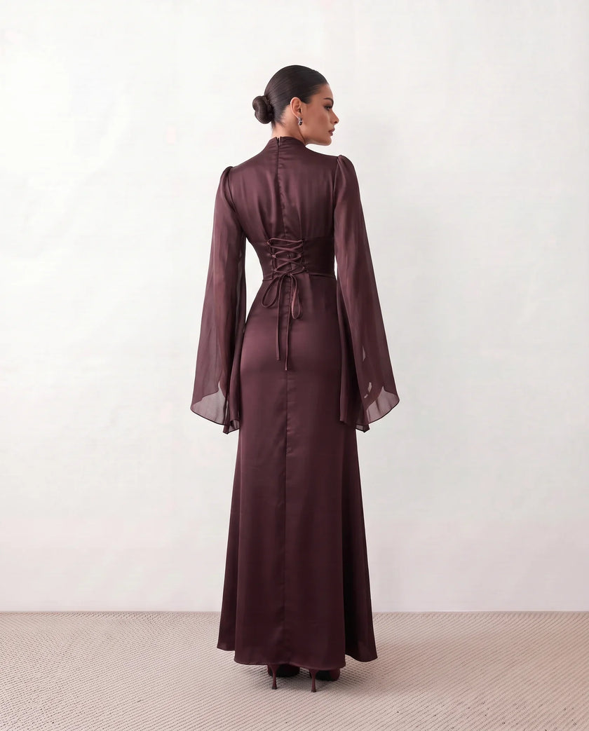 Glossy Maxi Dress Women Formal Corset Lace-Up Back Long Sleeve