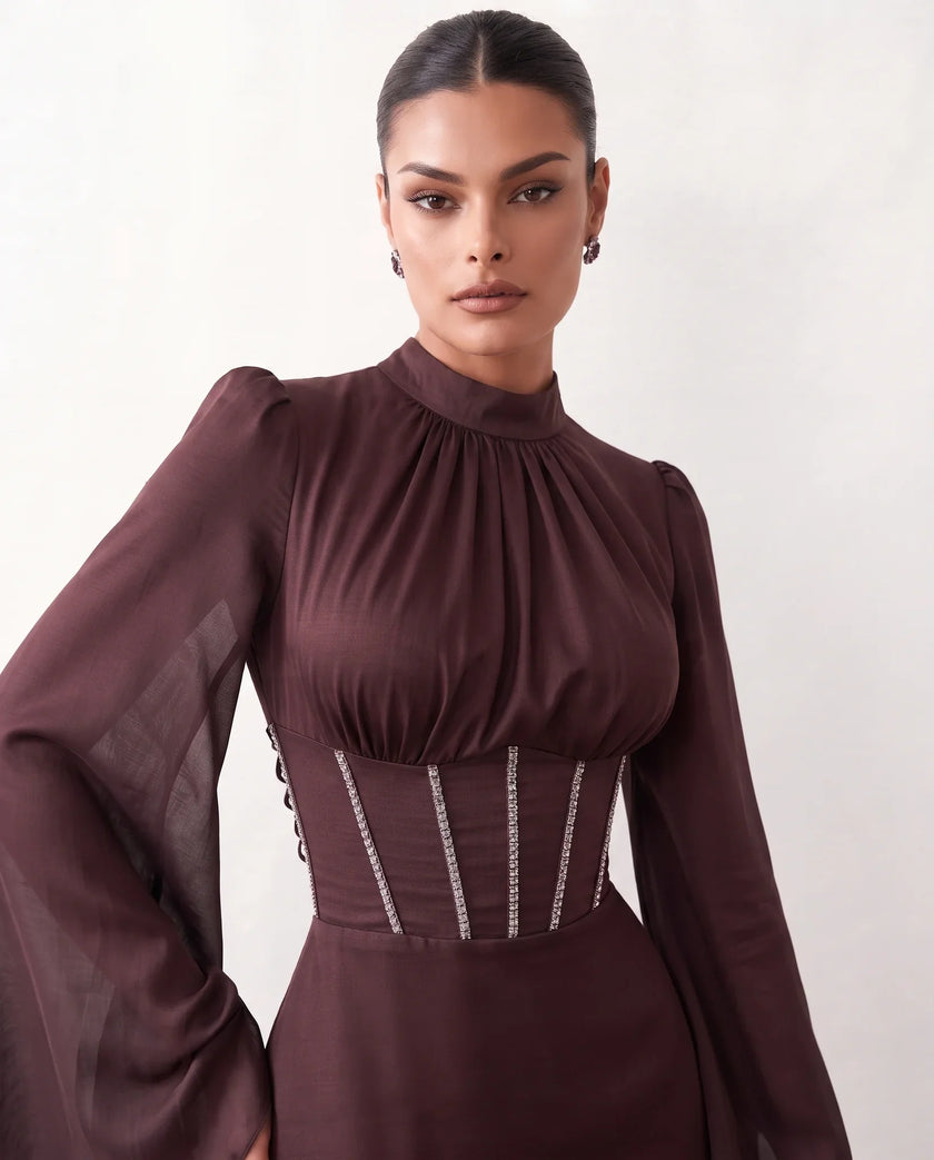 Glossy Maxi Dress Women Formal Corset Lace-Up Back Long Sleeve