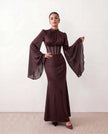 Glossy Maxi Dress Women Formal Corset Lace-Up Back Long Sleeve