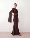 Glossy Maxi Dress Women Formal Corset Lace-Up Back Long Sleeve