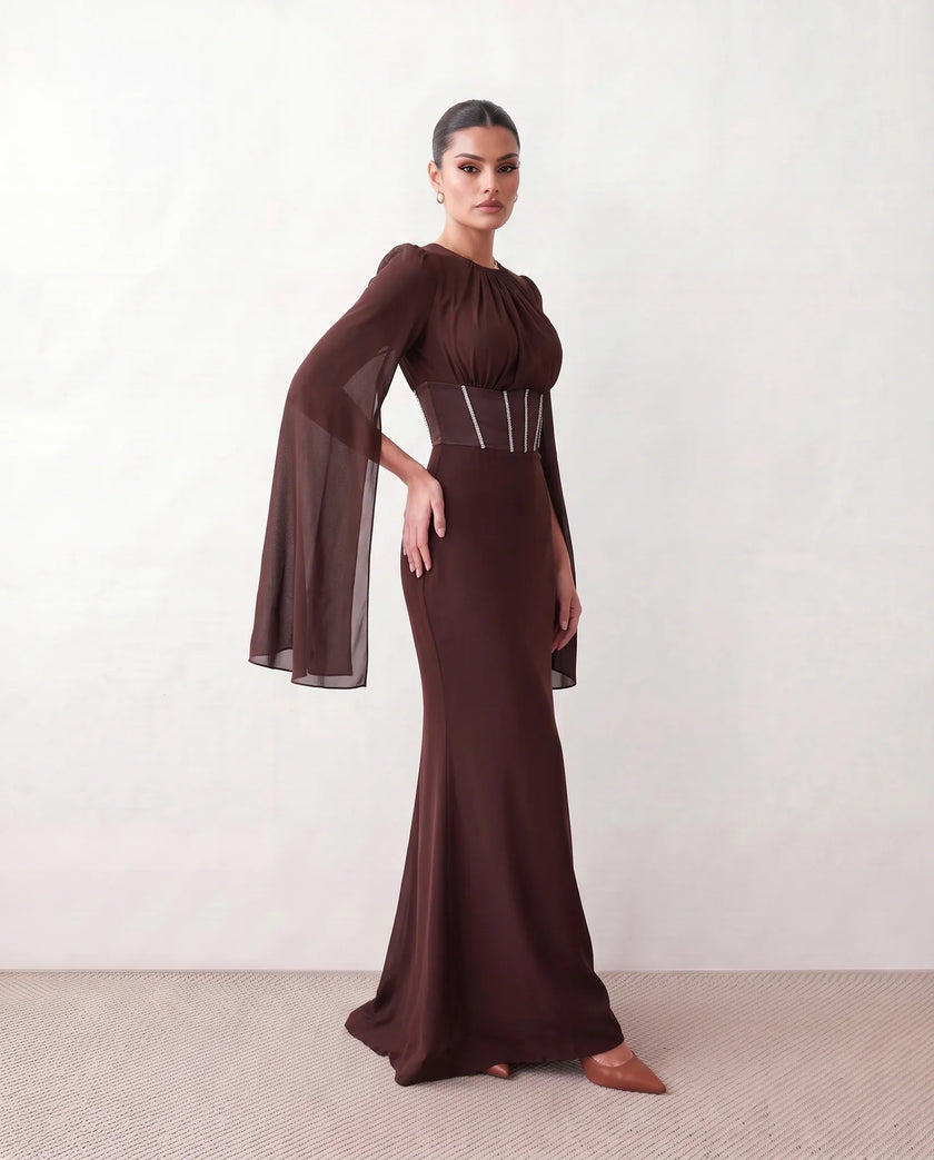 Glossy Maxi Dress Women Formal Corset Lace-Up Back Long Sleeve