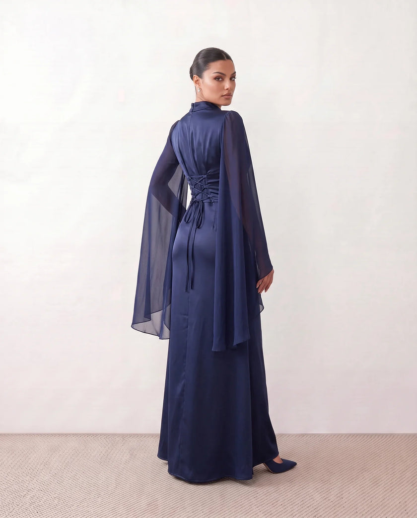 Glossy Maxi Dress Women Formal Corset Lace-Up Back Long Sleeve