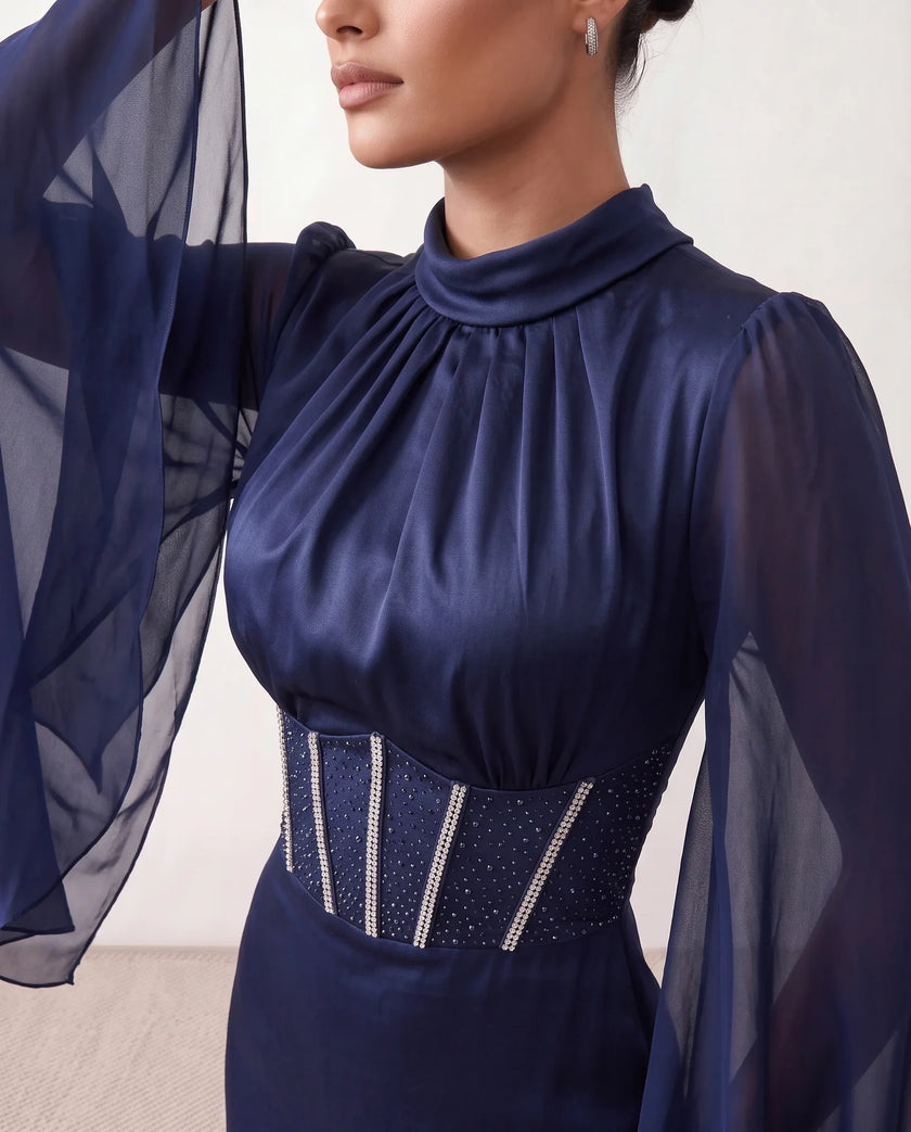Glossy Maxi Dress Women Formal Corset Lace-Up Back Long Sleeve