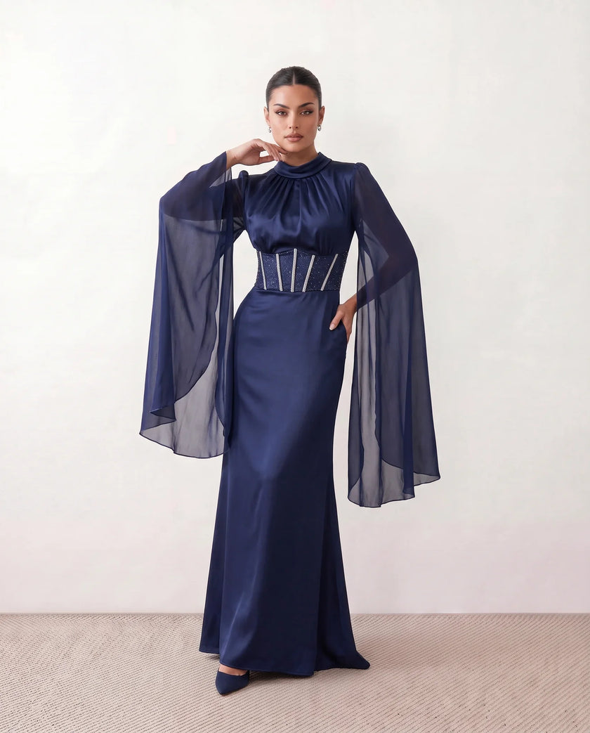 Glossy Maxi Dress Women Formal Corset Lace-Up Back Long Sleeve