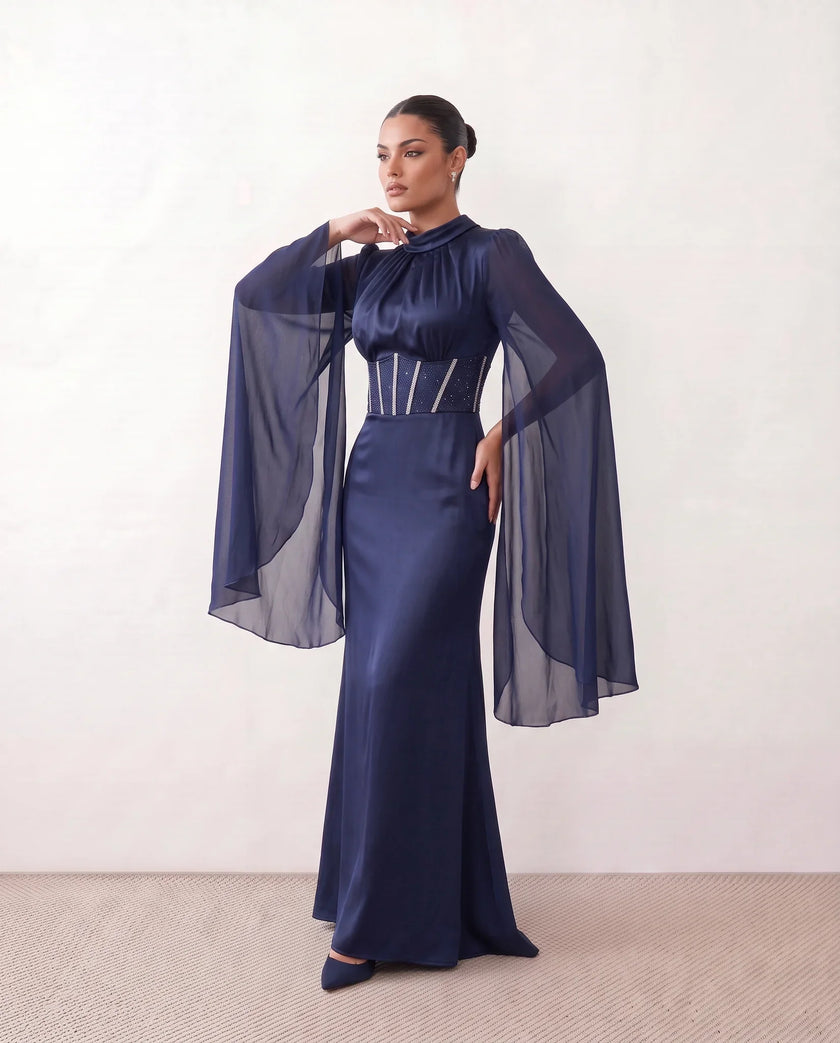 Glossy Maxi Dress Women Formal Corset Lace-Up Back Long Sleeve