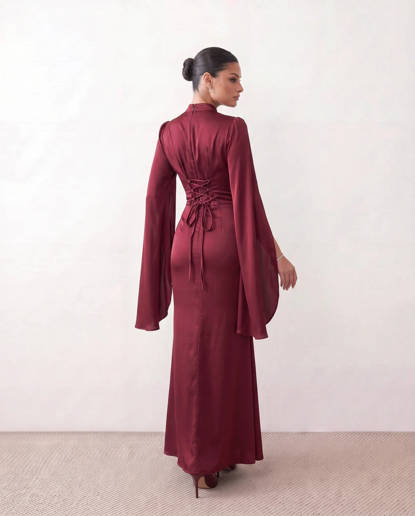 Glossy Maxi Dress Women Formal Corset Lace-Up Back Long Sleeve