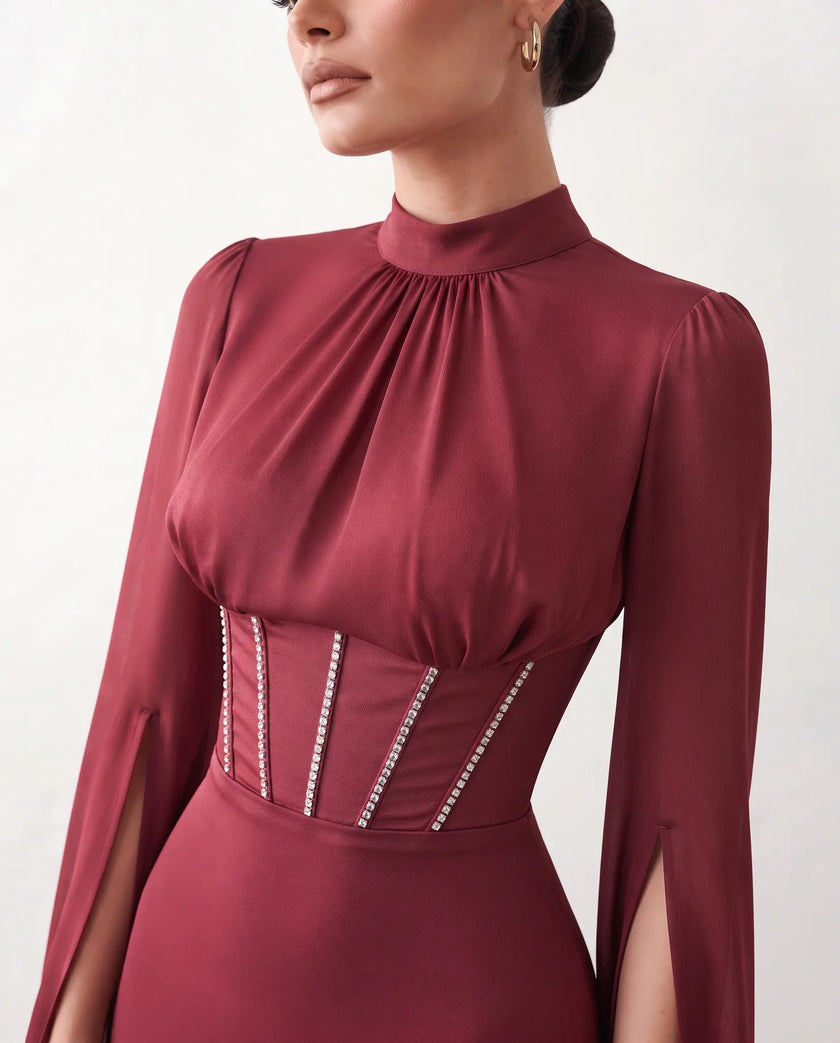 Glossy Maxi Dress Women Formal Corset Lace-Up Back Long Sleeve