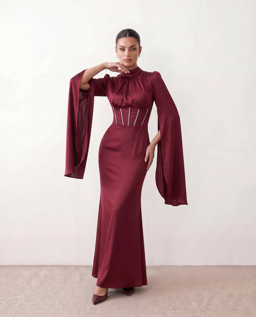 Glossy Maxi Dress Women Formal Corset Lace-Up Back Long Sleeve