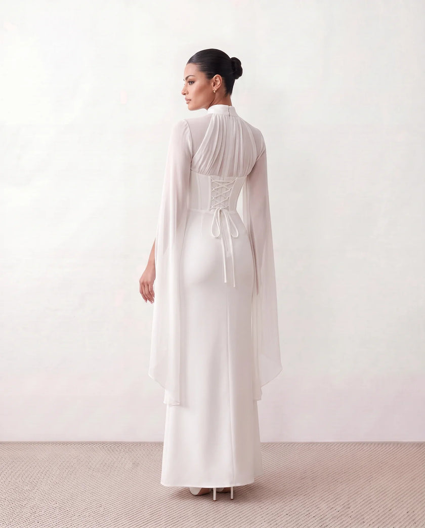 Glossy Maxi Dress Women Formal Corset Lace-Up Back Long Sleeve