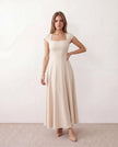 A-Line Midi Dress Women Square Neck Cap Sleeve Cocktail