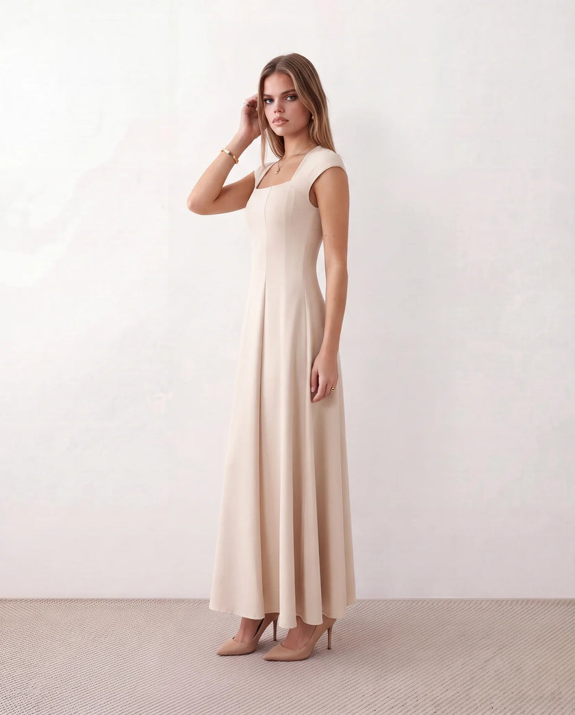 A-Line Midi Dress Women Square Neck Cap Sleeve Cocktail