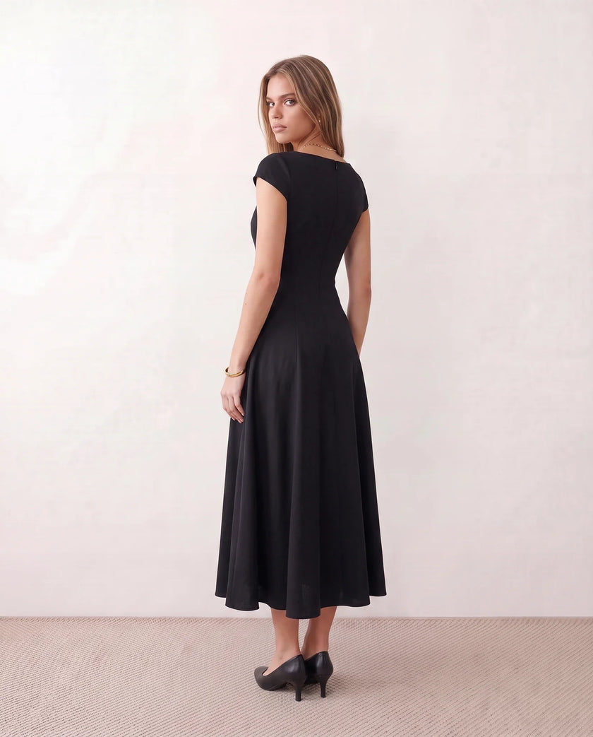 A-Line Midi Dress Women Square Neck Cap Sleeve Cocktail