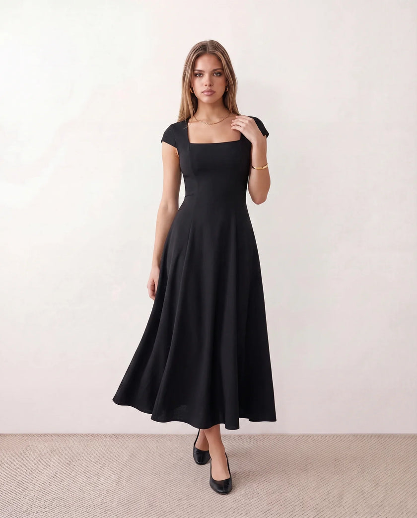 A-Line Midi Dress Women Square Neck Cap Sleeve Cocktail