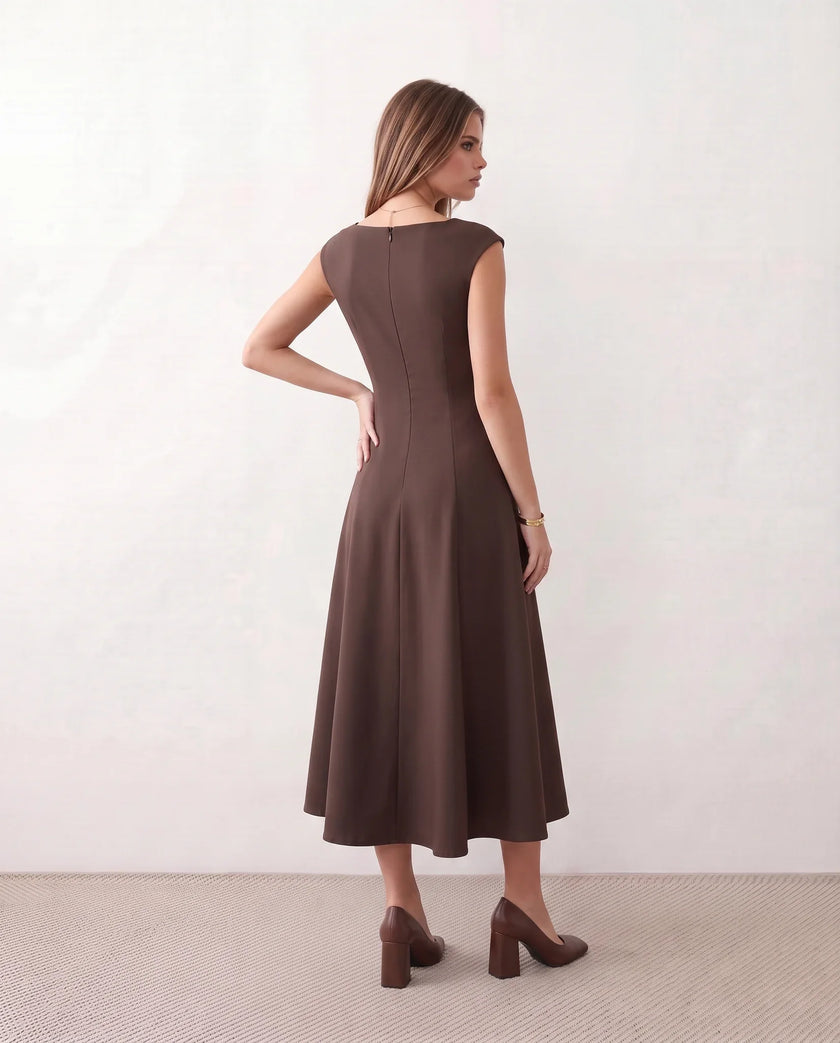 A-Line Midi Dress Women Square Neck Cap Sleeve Cocktail