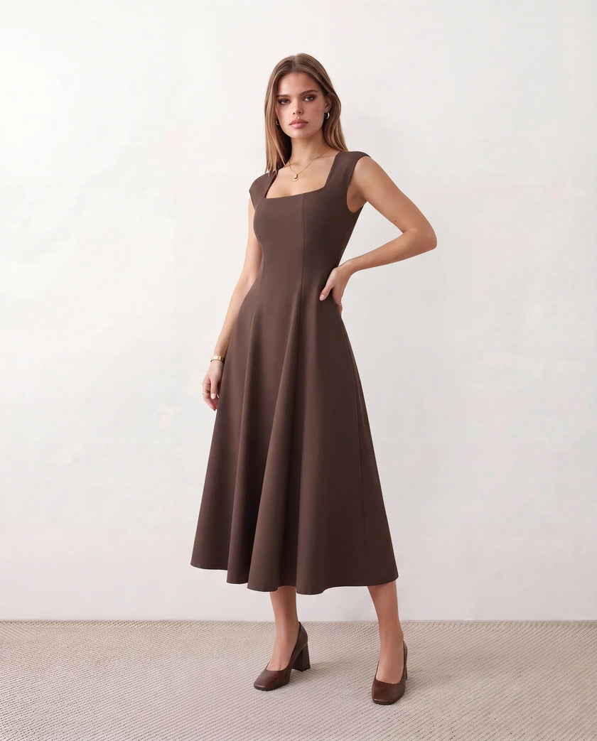 A-Line Midi Dress Women Square Neck Cap Sleeve Cocktail