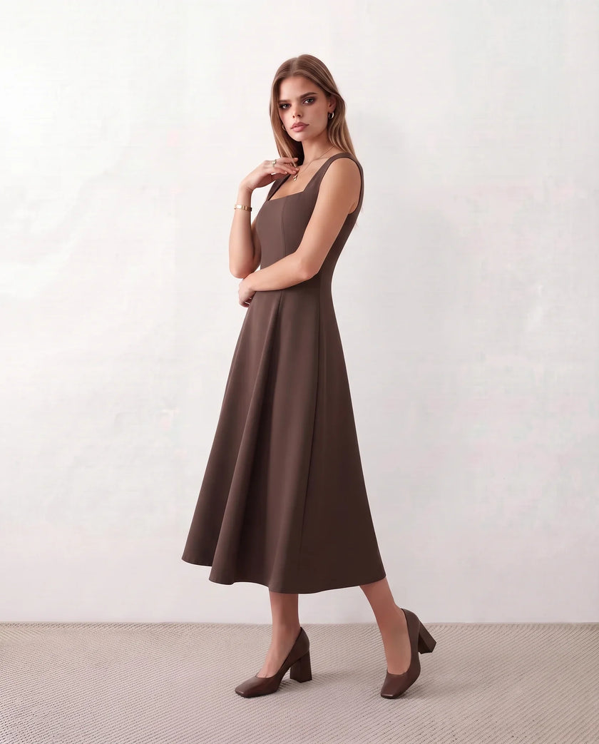 A-Line Midi Dress Women Square Neck Cap Sleeve Cocktail