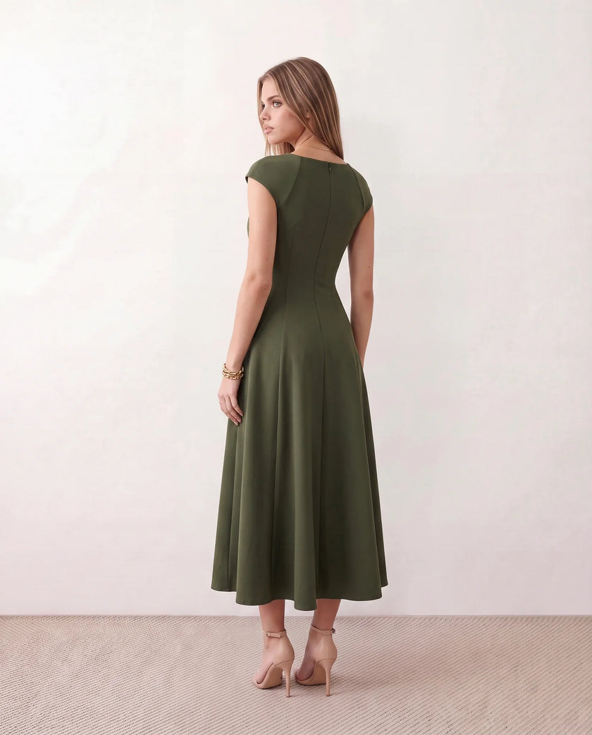A-Line Midi Dress Women Square Neck Cap Sleeve Cocktail