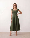 A-Line Midi Dress Women Square Neck Cap Sleeve Cocktail
