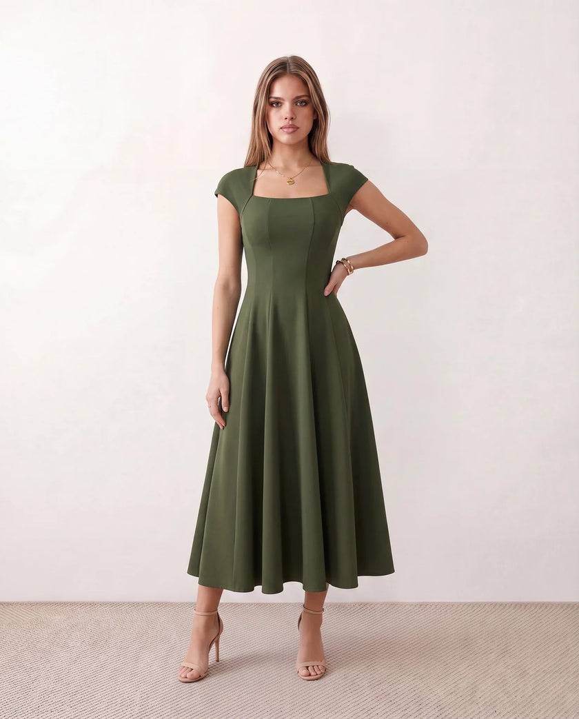 A-Line Midi Dress Women Square Neck Cap Sleeve Cocktail