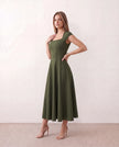 A-Line Midi Dress Women Square Neck Cap Sleeve Cocktail