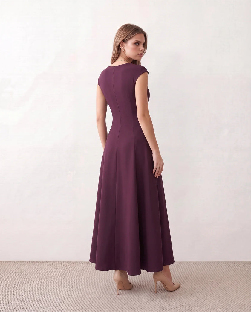 A-Line Midi Dress Women Square Neck Cap Sleeve Cocktail