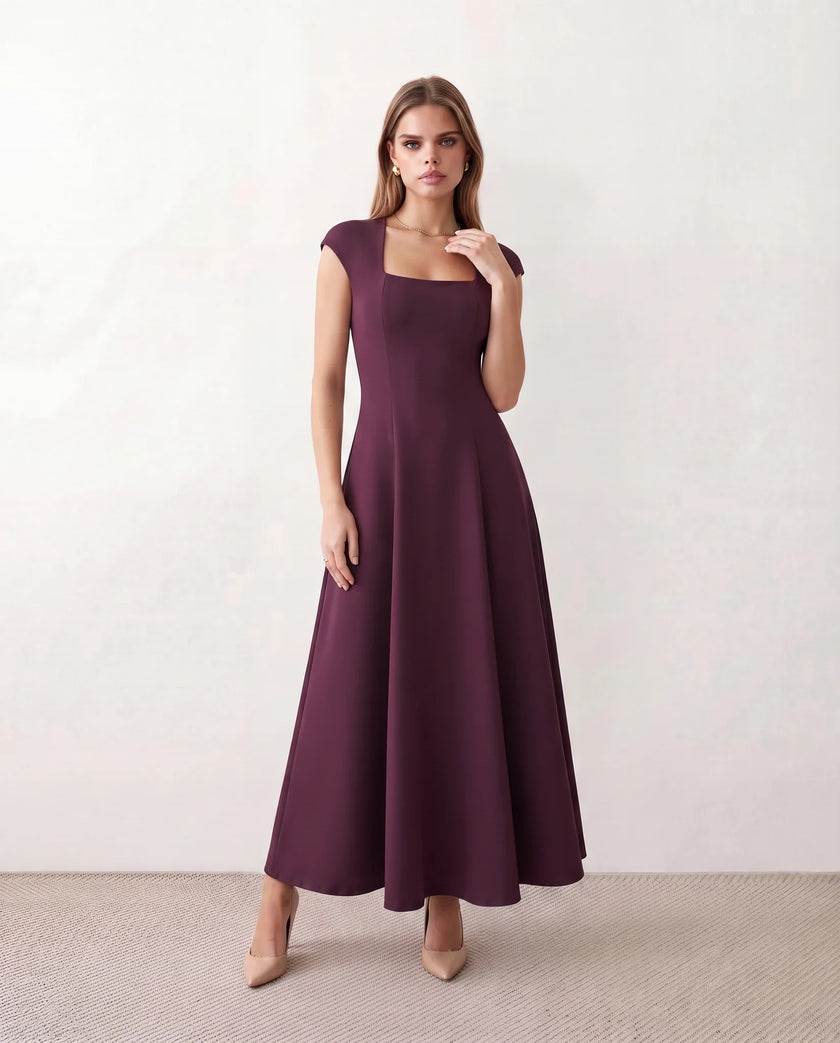 A-Line Midi Dress Women Square Neck Cap Sleeve Cocktail