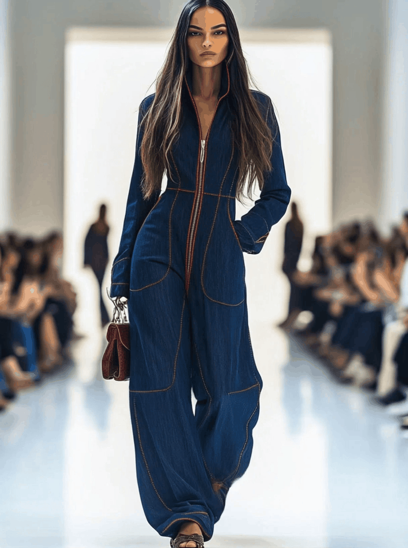 Dark blue FJØRNA women's denim jumpsuit with wide-leg pants and long sleeves, featuring topstitch details.