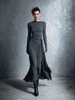 Grey knit wrap maxi dress for women by FJØRNA, featuring a flowing silhouette and long sleeves, perfect for casual or elegant wear.